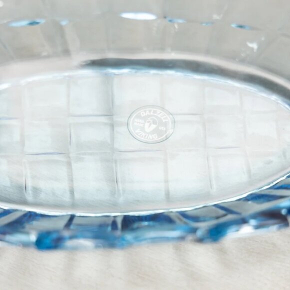 Vintage Medium Oval Blue Dalzell-Viking Glass Shallow Bowl with Block Design - Picture 2 of 4